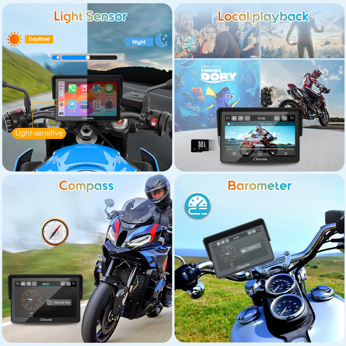 Carpuride W502PRO 5-inch waterproof display on a motorcycle.