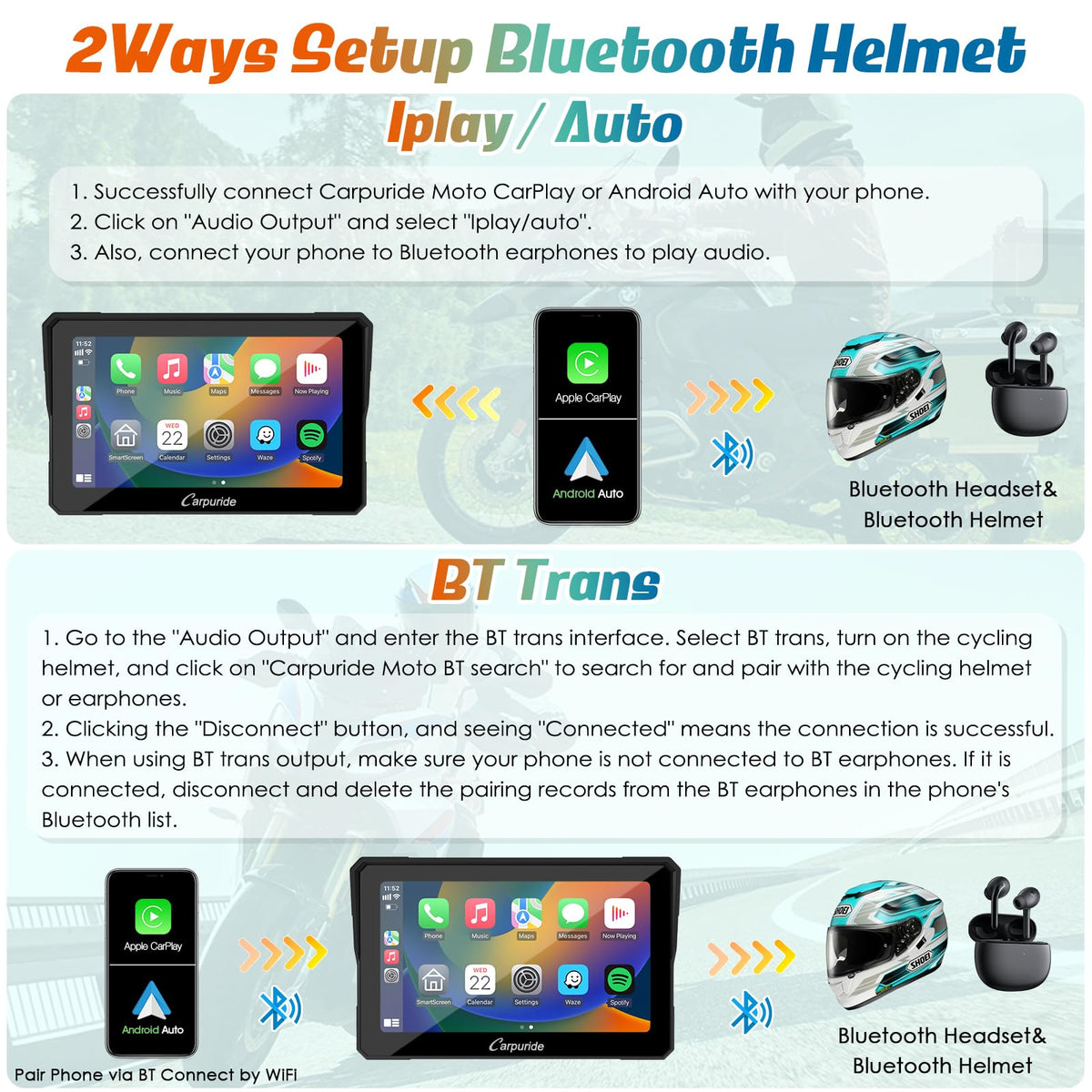 Carpuride W702B dual Bluetooth with helmet headset for hands free calls