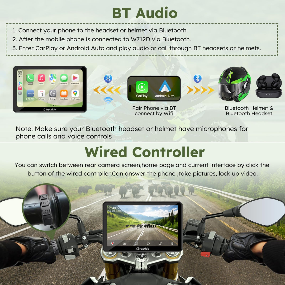 Carpuride W712DT wireless CarPlay Android Auto on motorcycle