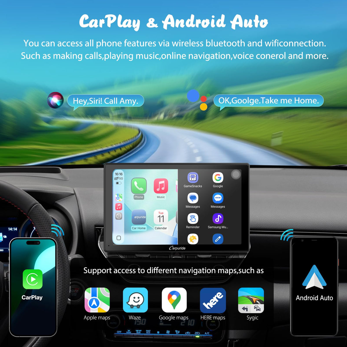 Carpuride Mirror Link shows apps on the touchscreen.