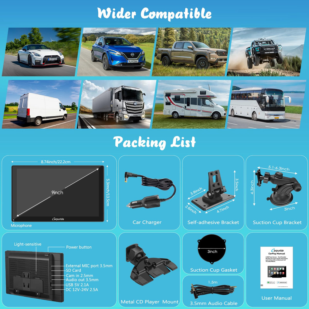 Carpuride universal 12-24V compatibility for most vehicles.