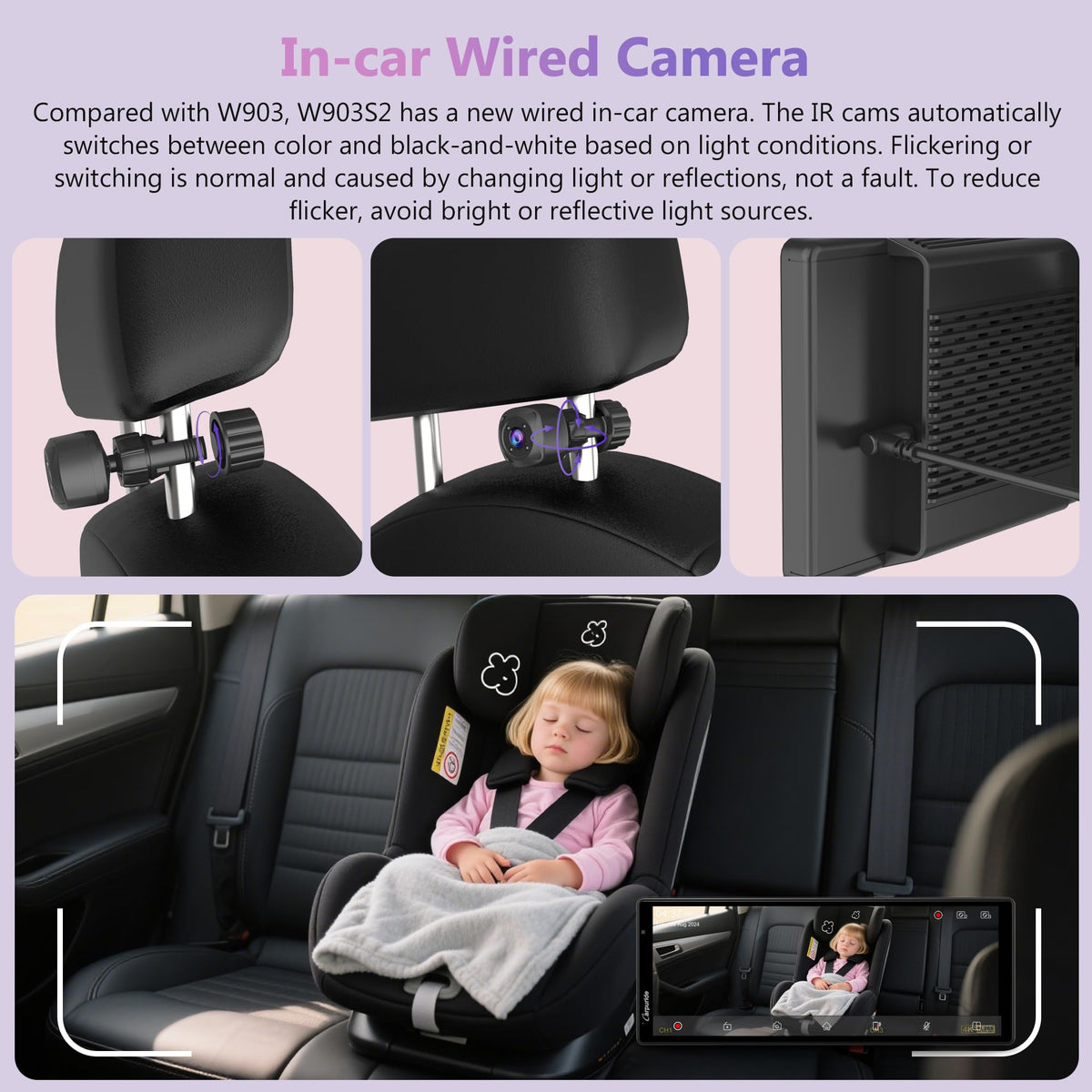 Carpuride W903S3 interior infrared camera provides clear cabin views in low light