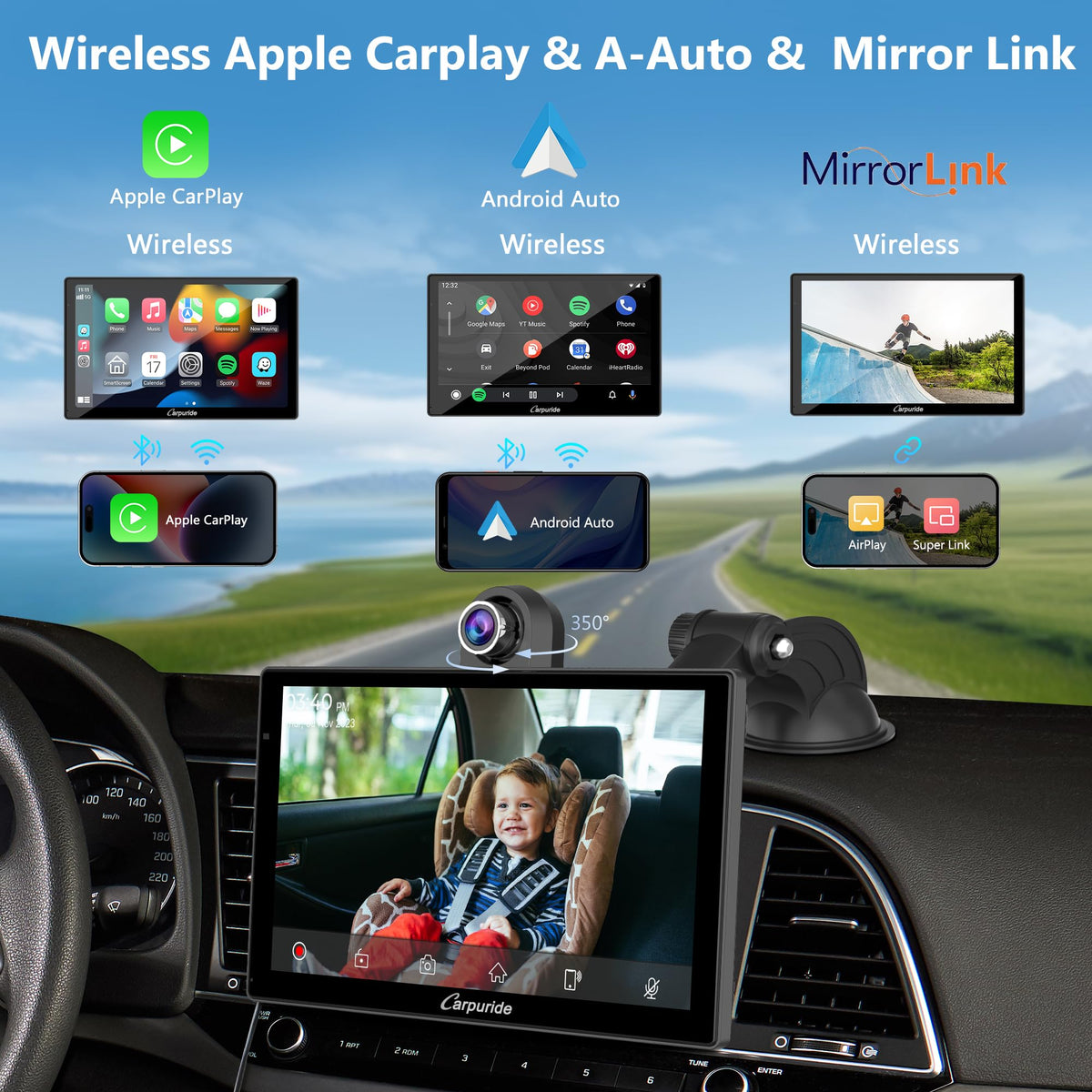 Carpuride W905 mirror link screen demonstrates wireless phone casting