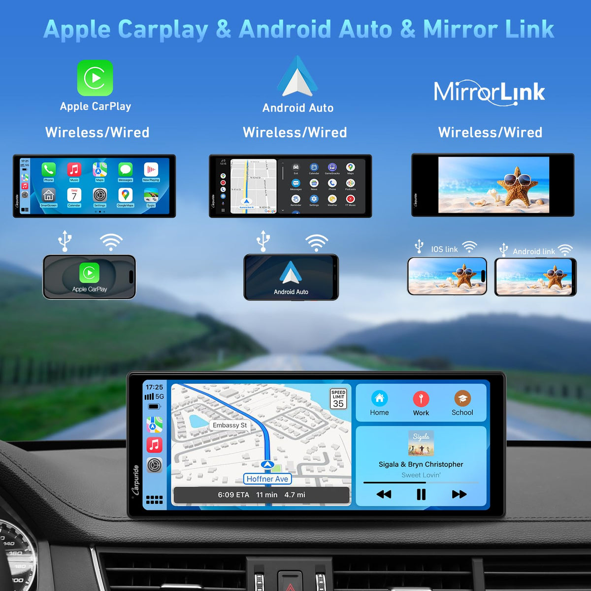 Carpuride wireless and wired connection setup on screen enabling seamless CarPlay