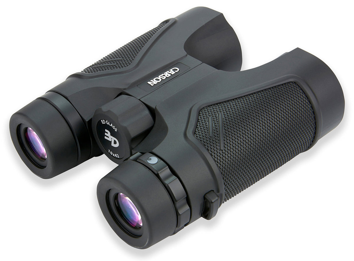 Carson 3D ED 10x42 binoculars eyecups twist-down provide comfortable viewing for eyeglass wearers