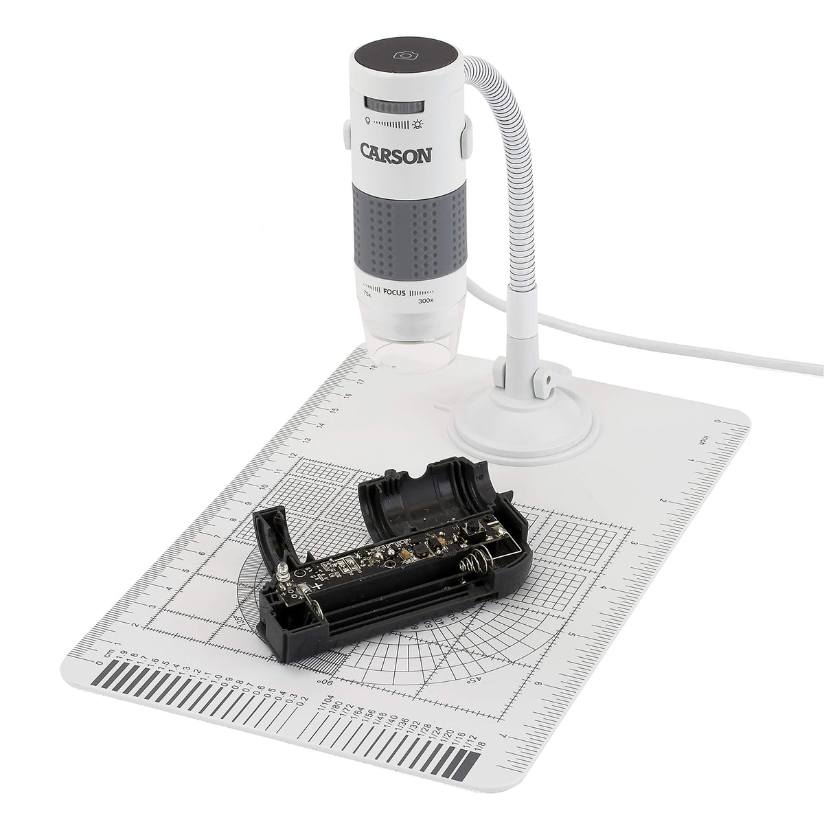 Carson eFlex graduated base with inch and centimeter markings for precise measurements