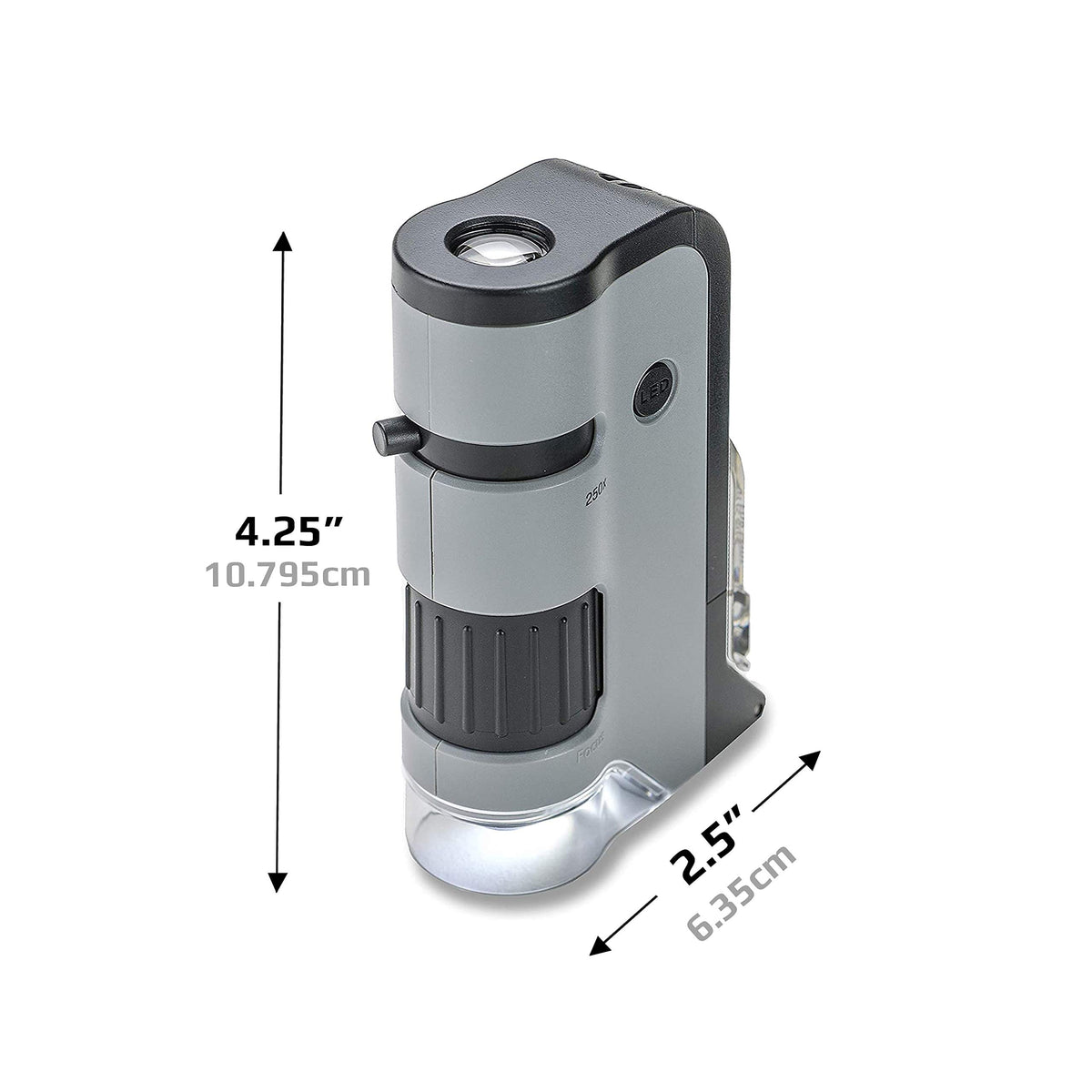 Carson MicroFlip with smartphone clip enables easy sharing of findings.