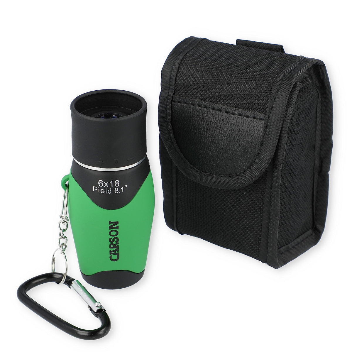 Carson MiniMight 6x18 monocular with carabiner clip for easy carry.