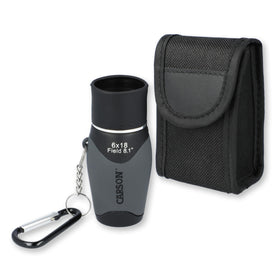 Carson MiniMight 6x18mm monocular with carabiner clip enables easy travel.