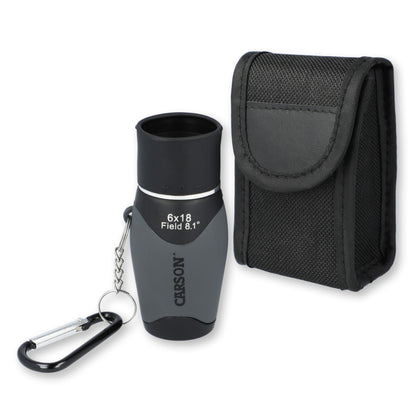 Carson MiniMight 6x18mm monocular with carabiner clip enables easy travel.