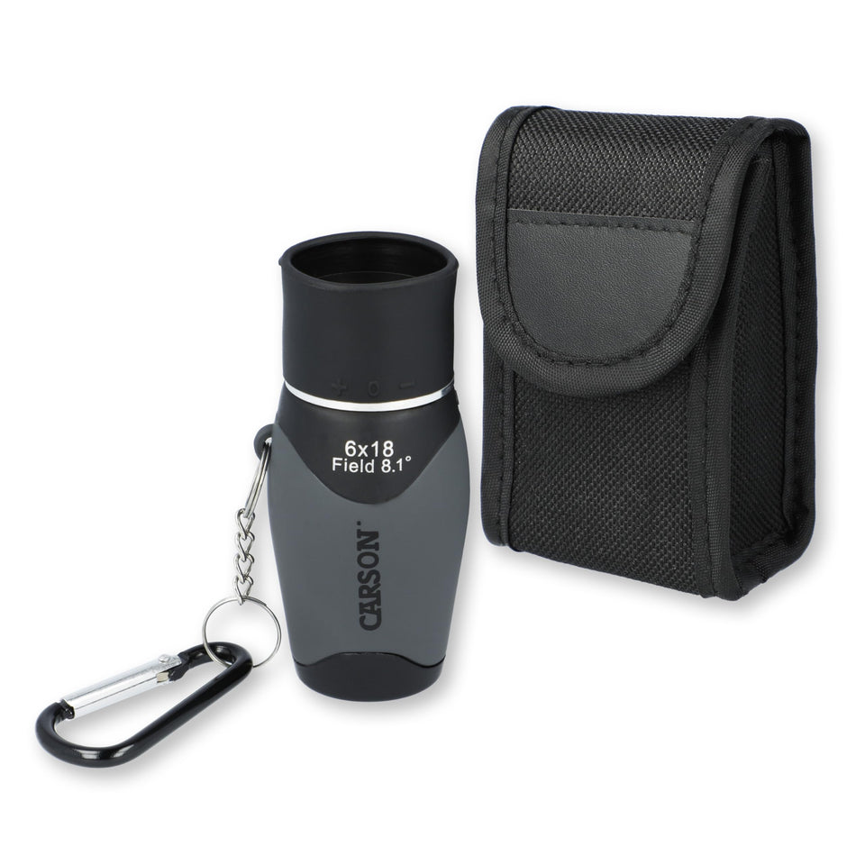Carson MiniMight 6x18mm monocular with carabiner clip enables easy travel.