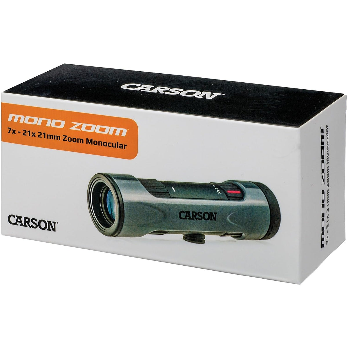 Carson monocular beside a hand for size comparison showing pocketable design benefit
