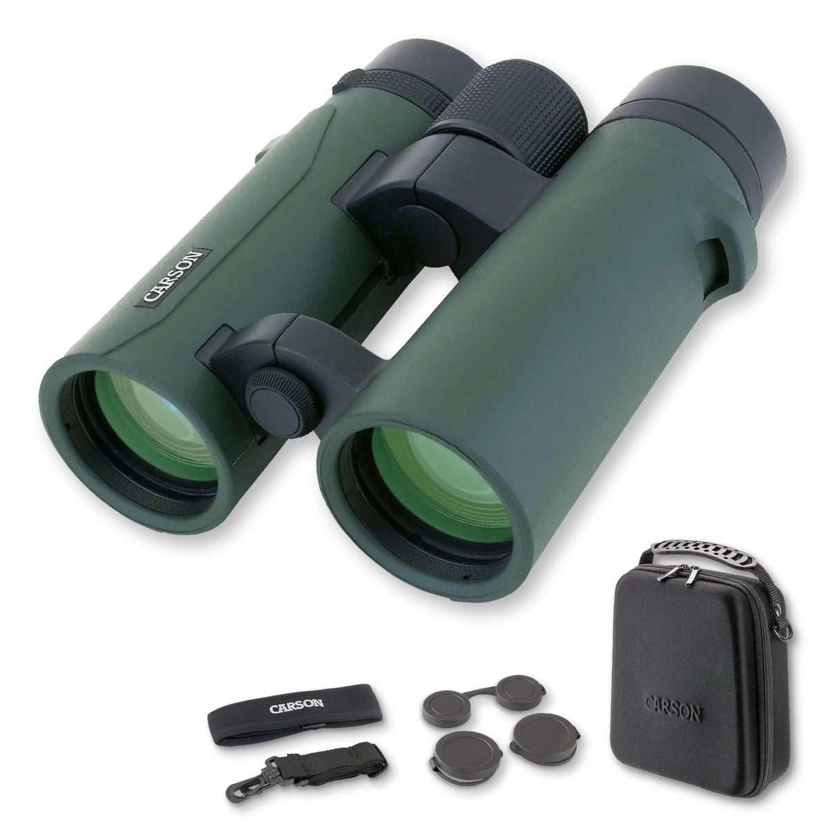 Carson RD Series 10x34mm binoculars front view for portable travel viewing