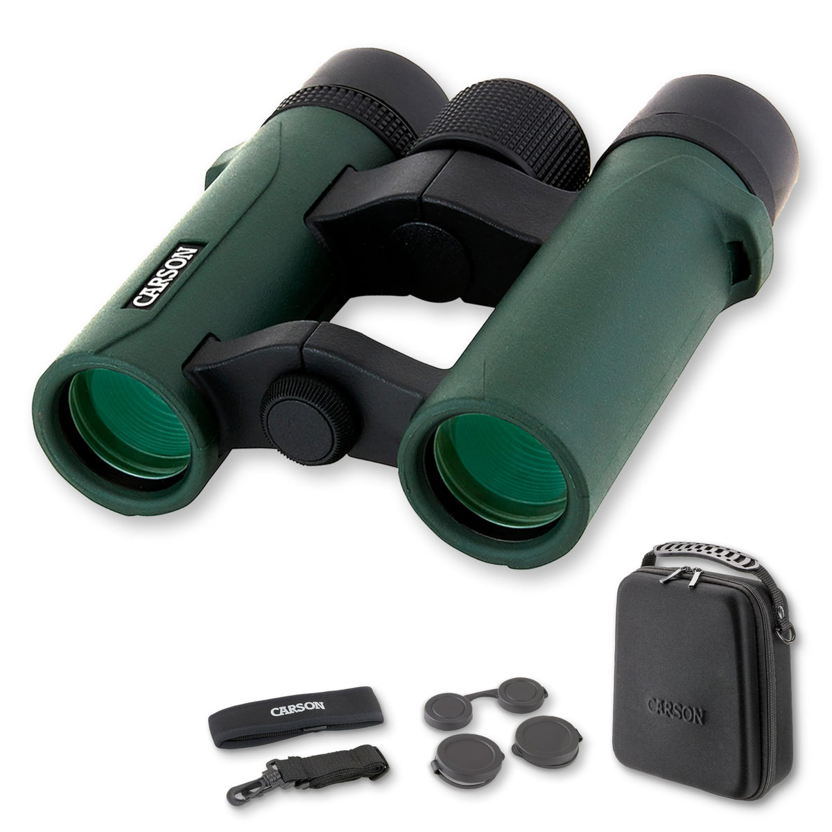 Carson RD Series binoculars front view for portable travel and birdwatching.