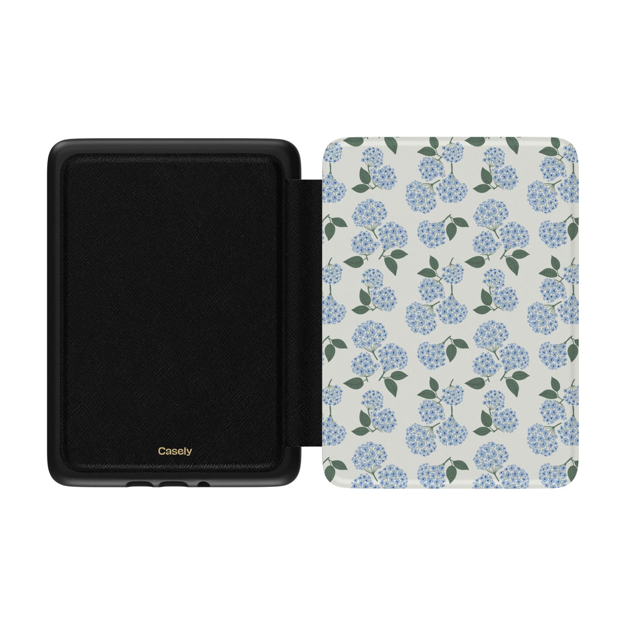 Casely close-up of vegan leather texture and hydrangea print for durability