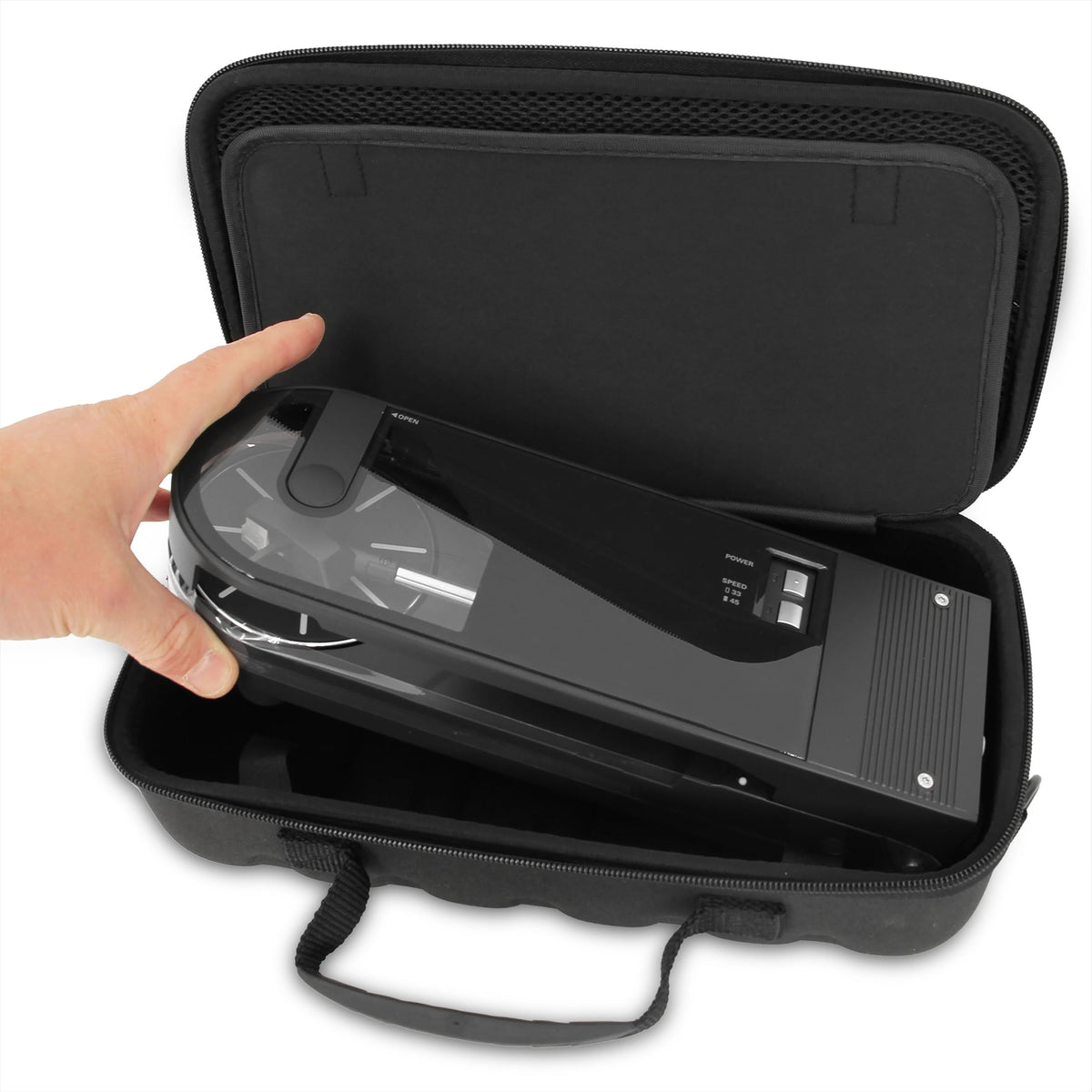 CASEMATIX open case with portable turntable inside demonstrating secure fit