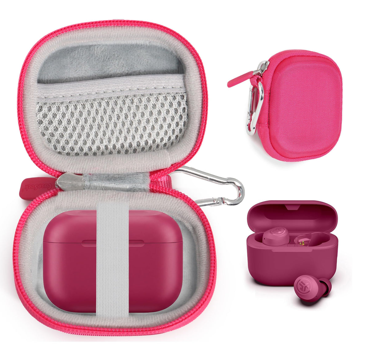 CaseSack case for JLab Go Pop+ in pink keeps earbuds organized and protected.