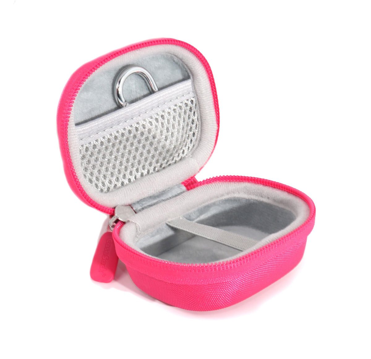 CaseSack case for JLab Tones pink keeps charging cable neatly tucked in the lid.