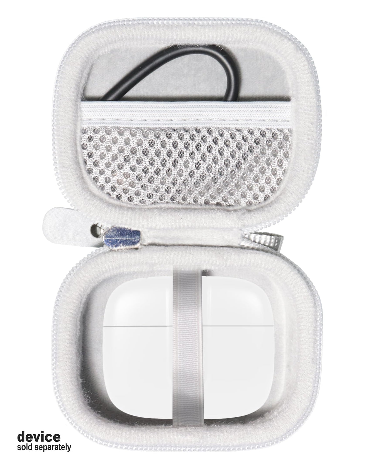 Mesh pocket in the lid organizes charge cables and accessories neatly