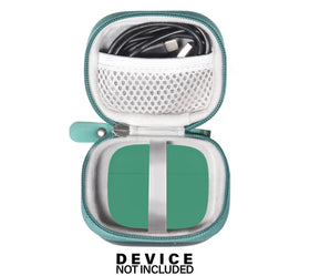Elastic secure strap holds earbuds firmly in place during transit.