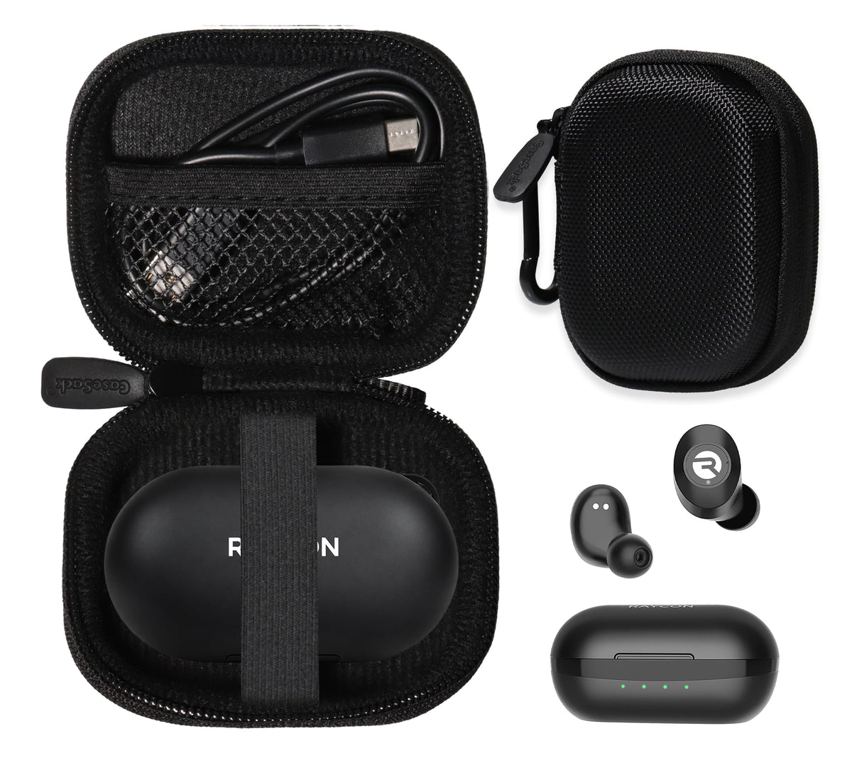 CaseSack front view black case protecting Raycon charger case and accessories