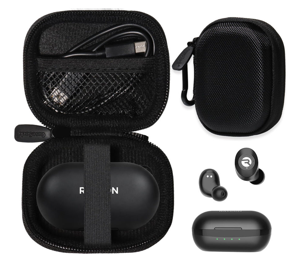 CaseSack front view black case protecting Raycon charger case and accessories