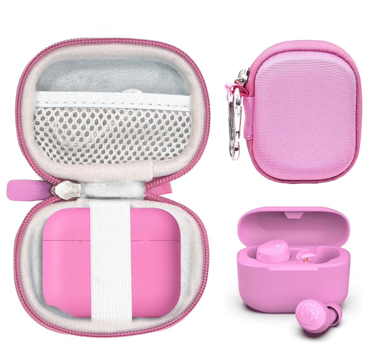 CaseSack Case for JLab Go Pop+ exterior in cotton candy pink protects your gear on the go.