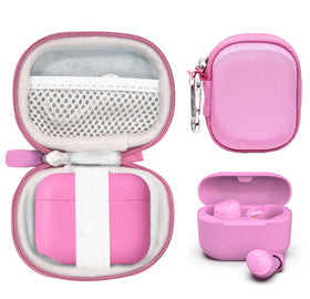 CaseSack Case for JLab Go Pop+ exterior in cotton candy pink protects your gear on the go.