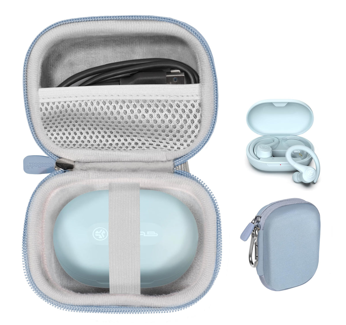 CaseSack light blue front view showing compact protective shell and easy portability