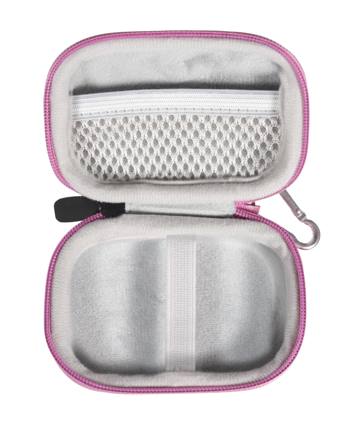 CaseSack pink close-up of mesh pocket organizing cable and accessories