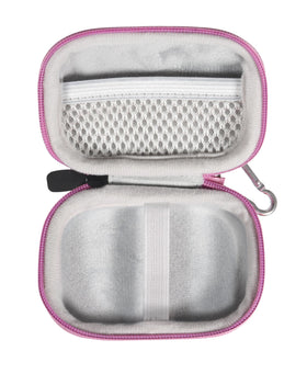 CaseSack pink close-up of mesh pocket organizing cable and accessories