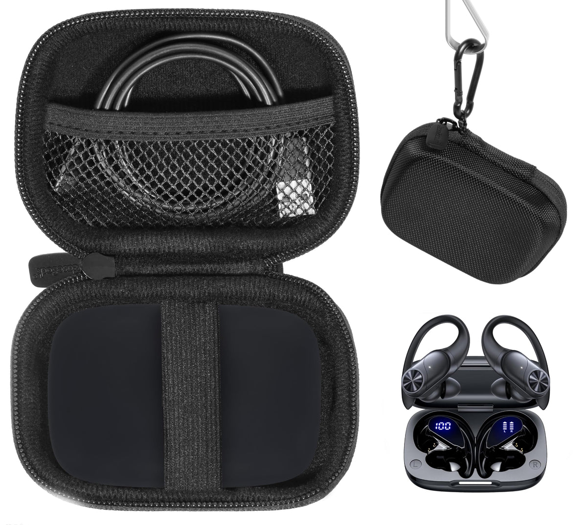 CaseSack front view showing black semi-hard case and zipper protecting PocBuds