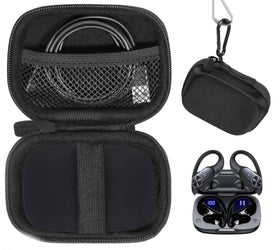 CaseSack front view showing black semi-hard case and zipper protecting PocBuds