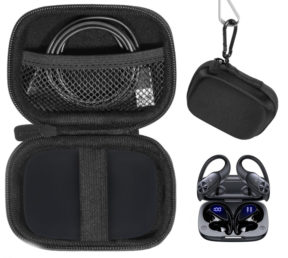 CaseSack front view showing black semi-hard case and zipper protecting PocBuds