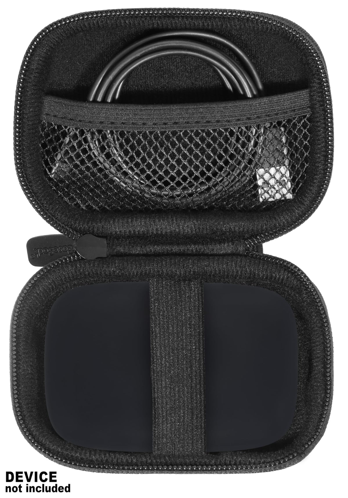 CaseSack open showing mesh pocket storing cable and small accessories safely