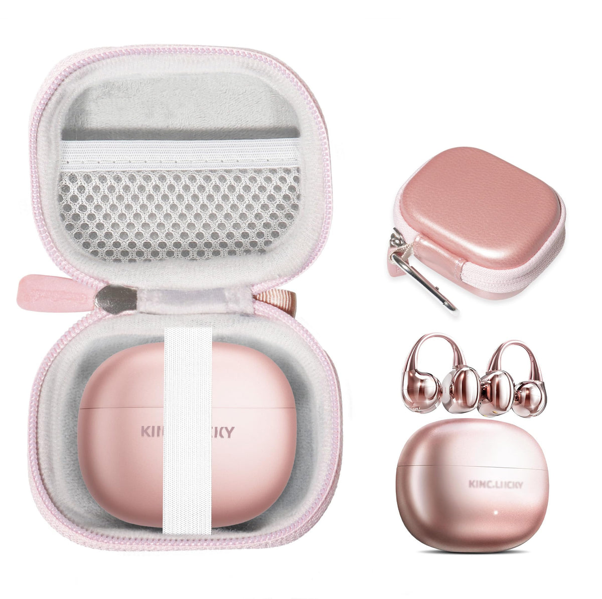 CaseSack King Lucky i121 rose gold case shields earbuds during travel.