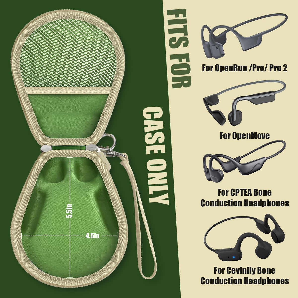 Casmilee bone conduction case with carabiner in green for outdoor use