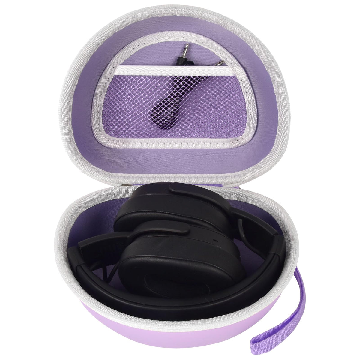 Casmilee hard-shell headphone case in purple, close-up, protecting headphones on the go.