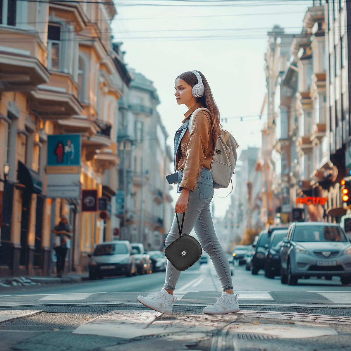casmilee next to smartphone showing compact size for commuting convenience