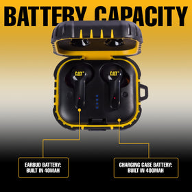 CAT five-hour playback with rugged charging case on the go.