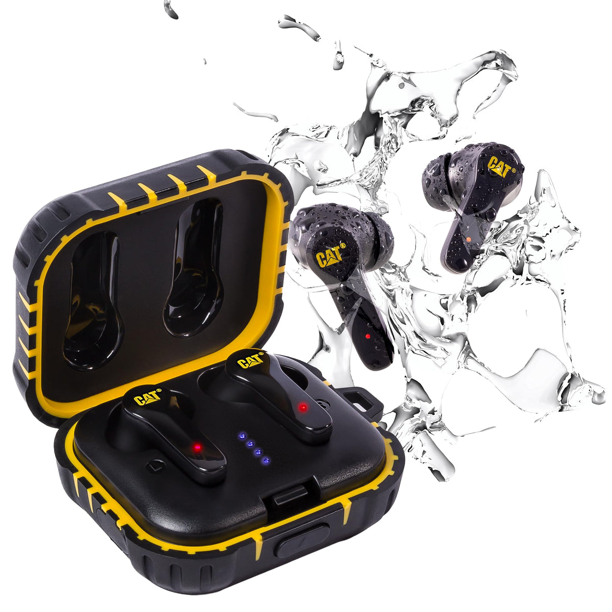 CAT rugged charging case recharges earbuds on-site.