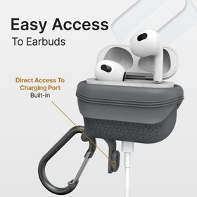 Catalyst AirPods 3 with aluminum carabiner attached showing secure portability benefit