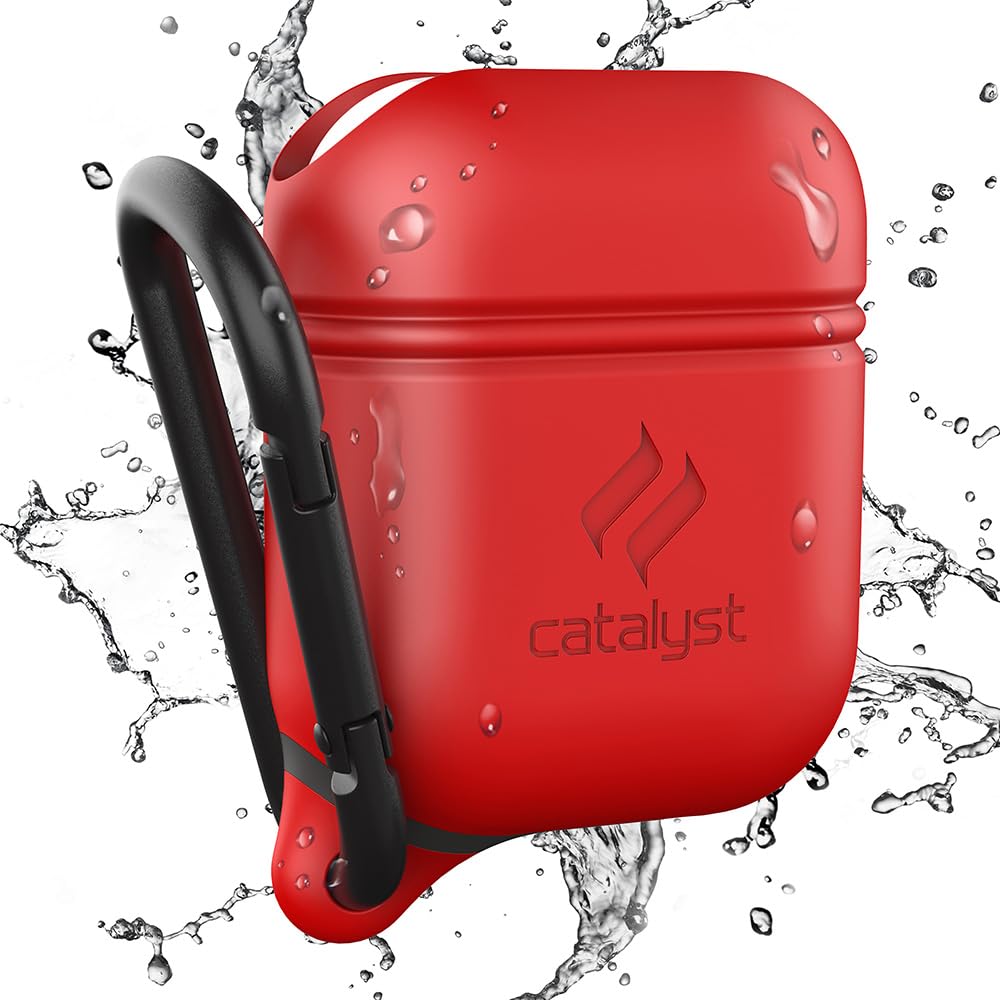 Catalyst front view showing case on AirPods with secure fit and protection