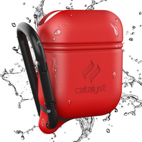 Catalyst front view showing case on AirPods with secure fit and protection