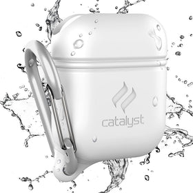 Catalyst front view showing case on AirPods with secure fit and protection