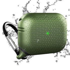 Catalyst front view showing case on AirPods Pro, protects from water