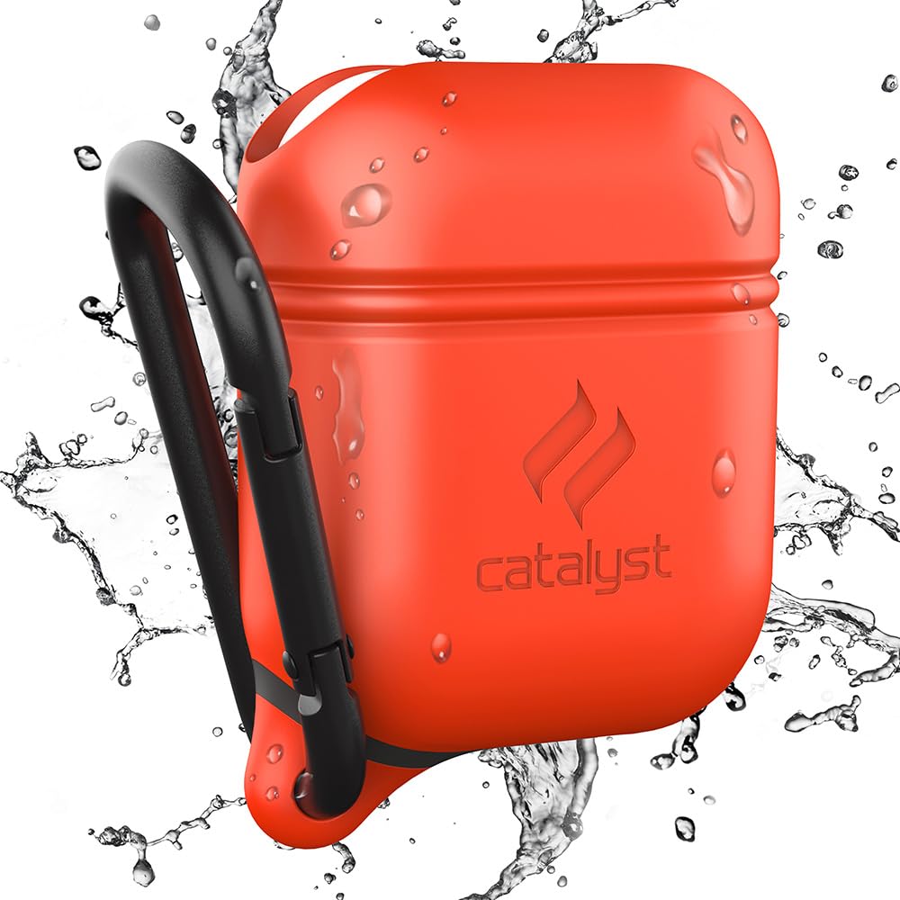 Catalyst front view showing case on AirPods with protective fit and style