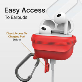 Catalyst case open displaying snug AirPods 3 fit and lid alignment