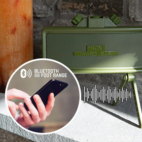 Catastrophic Industries Claymore features a dual-speaker system for rich stereo sound outdoors.