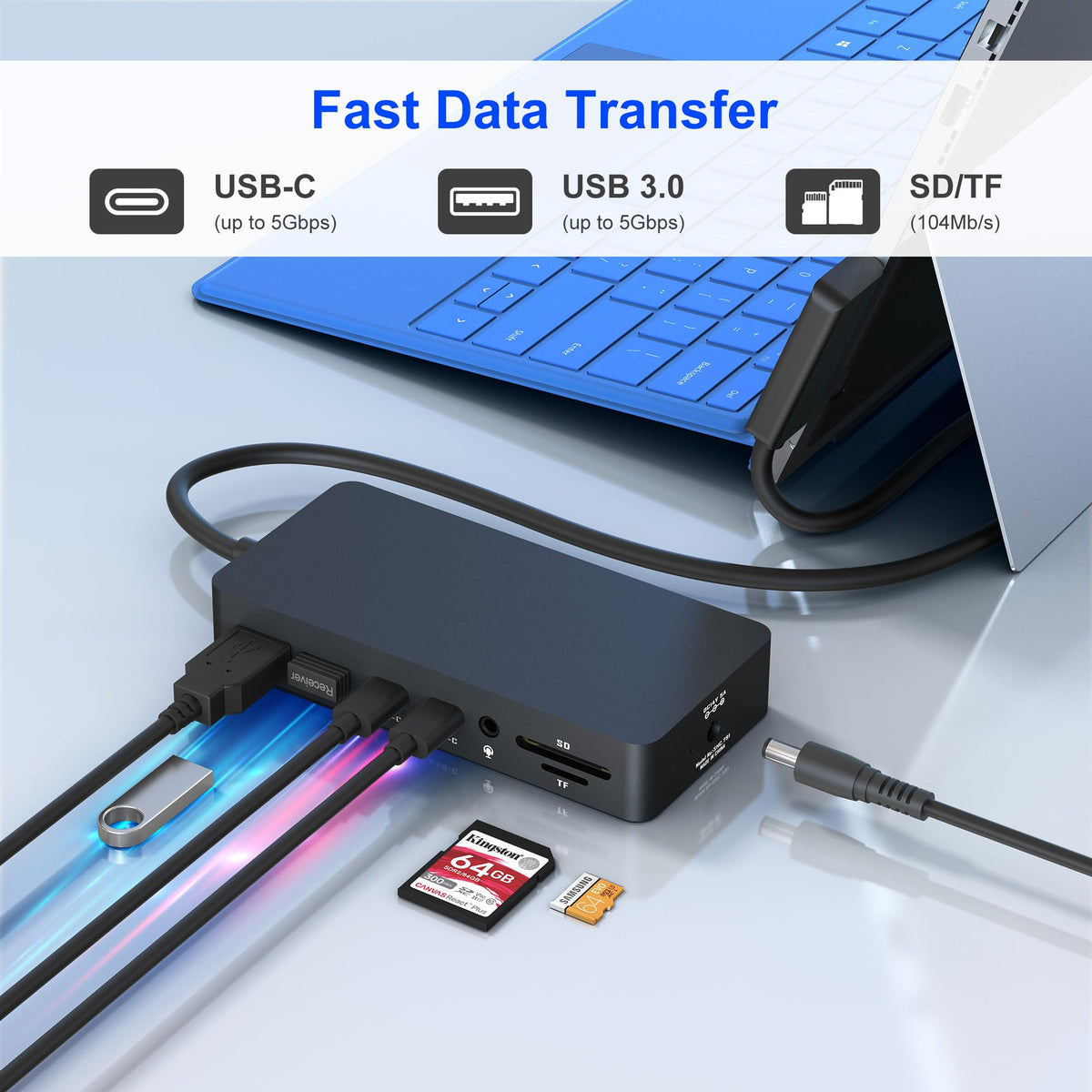 Cateck Surface Dock power LED indicates charging status and connection readiness.